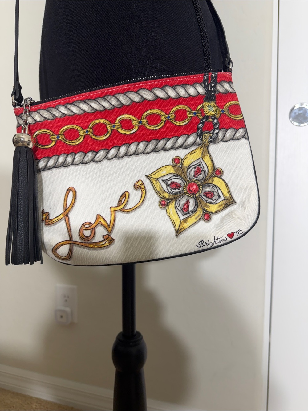 Women's White and Red Crossbody Bag with Tassel - Unknown Brand